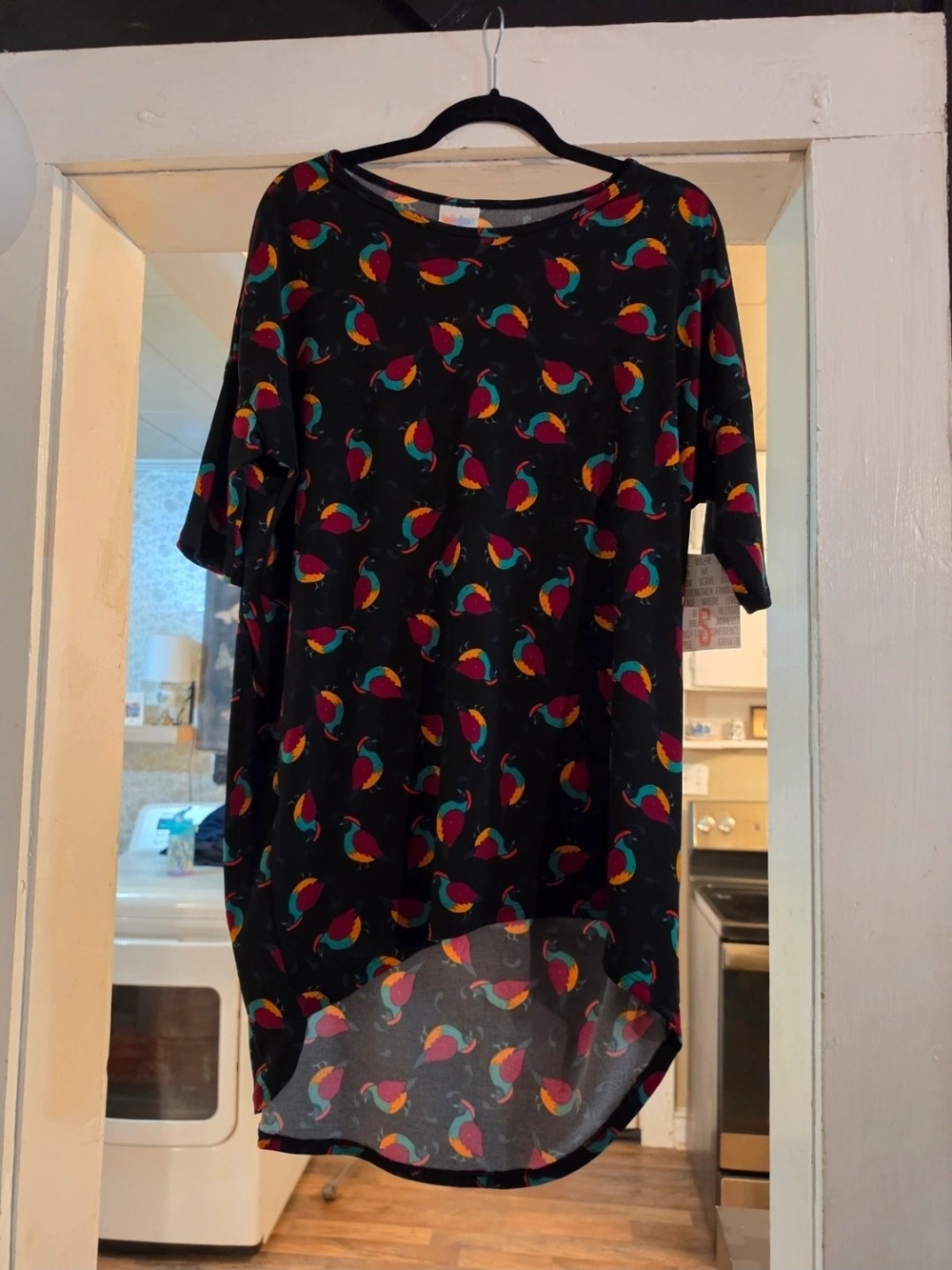 LuLaRoe Irma Black Tunic with Red, Teal, Yellow Bird Print